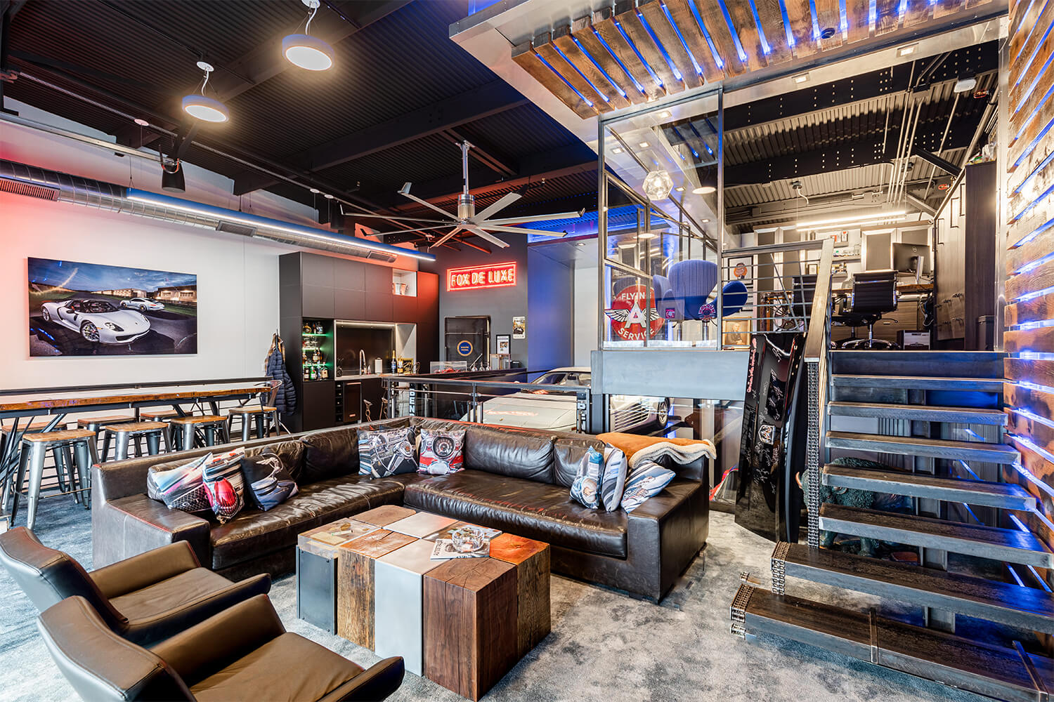 living room with leather couches