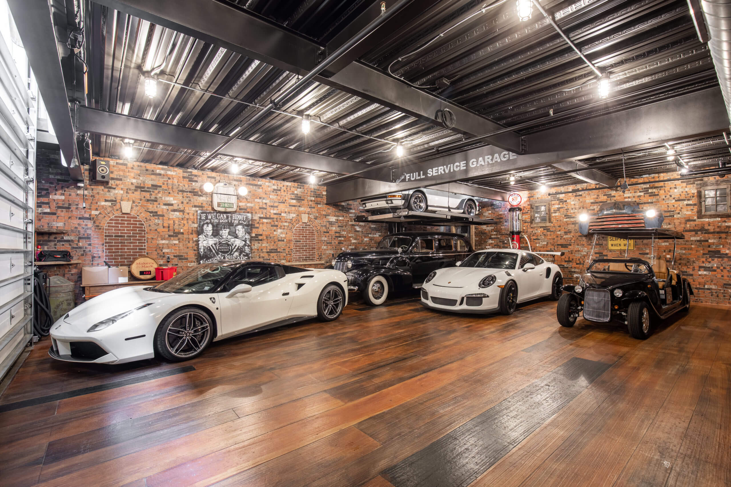 cars in wood color garage